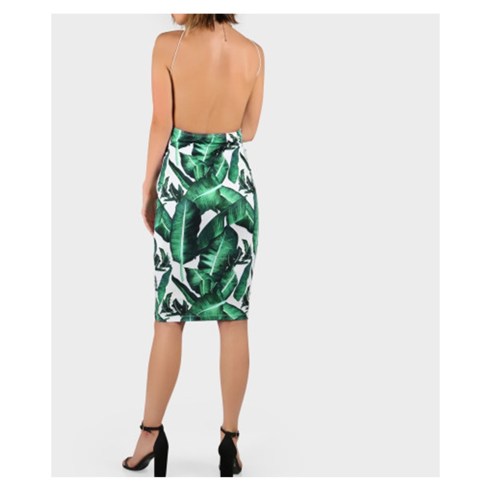 White Green Tropical Print Backless Midi Dress - Picture 8 of 8